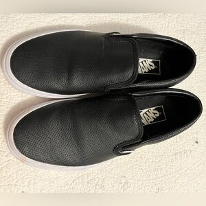 Black leather slip-on Vans. Women’s size 8.5